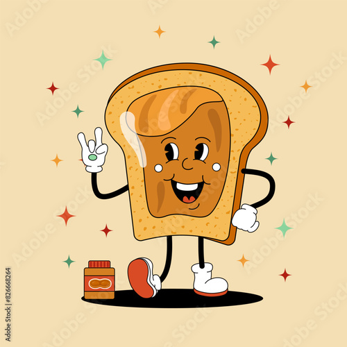 Comic flat Peanut butter Toast with face on decorated background. Vector cartoon illustration in groovy retro style with nut spread. Vintage image of tasty character with smile for poster or concept