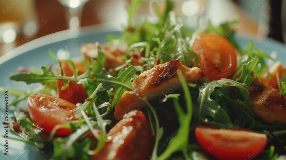 A plate of salad with chicken and tomatoes. The salad is colorful and appetizing A plate of salad with chicken and tomatoes. The salad is colorful and appetizing