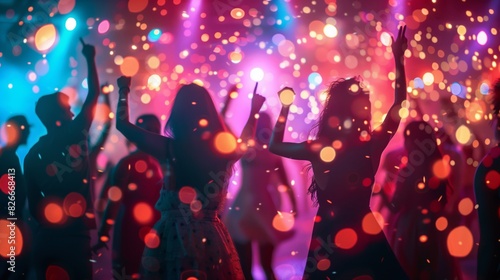 A group of people dancing in the nightclub, having fun and celebrating with their arms raised up. Silhouettes of young men and women crowded in the background. Concept of a party club dance.