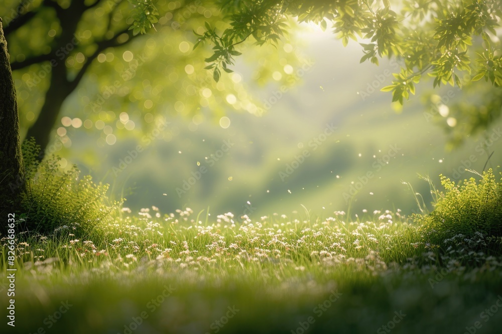 A tree is in the foreground of a field of grass. The grass is green and the sky is blue A tree is in the foreground of a field of grass. The grass is green and the sky is blue