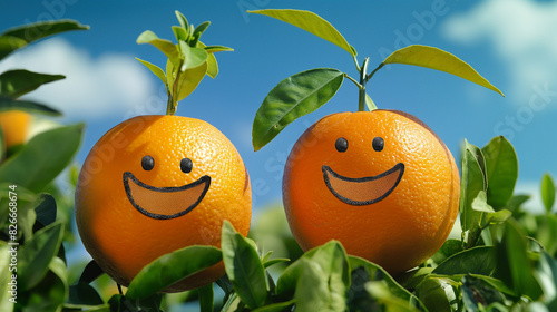 algumas frutas, uma laranja e uma laranja com carinha sorridente, estão cercadas por folhas verdes e caules contra um céu azul a laranja tem um sorriso preto e a carinha sorridente tem um olho roxo photo