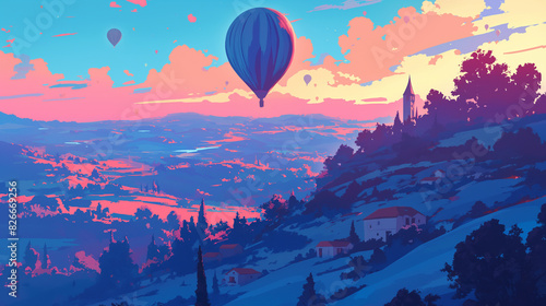 Um balão voa sobre colinas em camadas contra um vibrante céu crepuscular