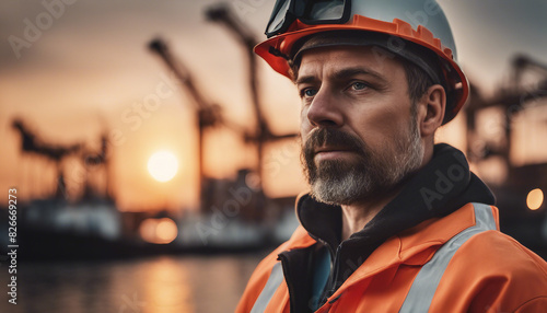 Portrait of a seaport worker, the harbor is blurred in the background 