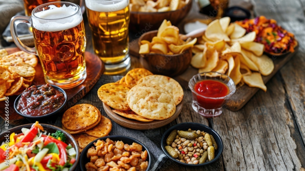 A table with a variety of snacks and drinks, including chips, salsa, and beer. The table is set for a casual gathering or party