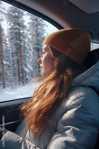 A woman with long red hair is sitting in a car with a yellow hat on. She is looking out the window, possibly admiring the snowy landscape