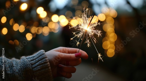 A person holding a sparkler in their hand. The image has a warm and festive mood, as the sparkler is often associated with celebrations and special occasions