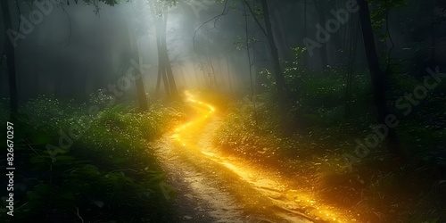 Path through dense forest illuminated by sunlight filtering through the mist. Concept Nature, Forest, Sunlight, Path, Adventure