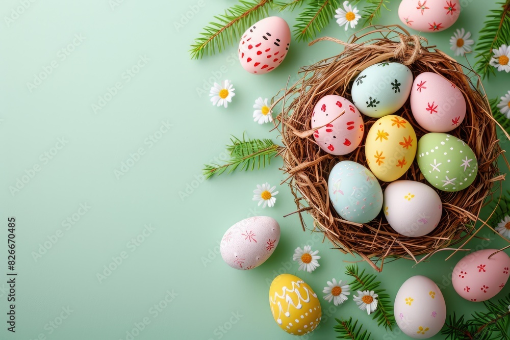 A basket of eggs with a green background and a bunch of flowers. The eggs are painted in different colors and some have designs on them. The basket is placed on a table or a surface