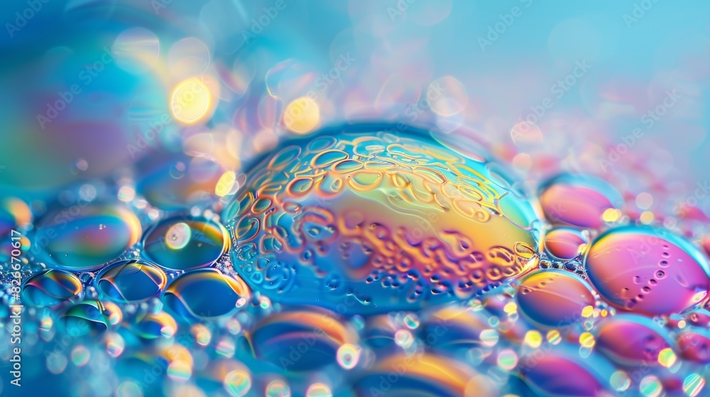 A close-up of a soap bubble on a water surface, with intricate rainbow-like patterns shimmering on its surface. A close-up of a soap bubble on a water surface, with intricate rainbow-like patterns shimmering on its surface.