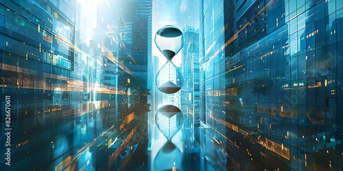 Time flows in a surreal urban landscape with hourglass skyscrapers. Concept Surreal Urban Landscape, Hourglass Skyscrapers, Time Concept, Futuristic Cityscape, Surreal Architecture