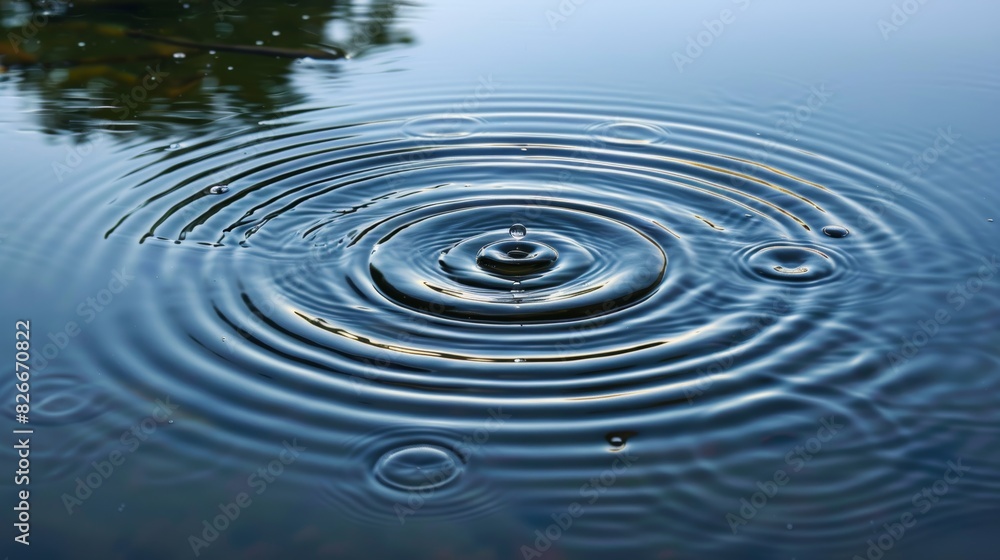 A close-up of circular raindrops creating ripples on a calm pond, with each ripple forming a series of concentric circles on the water's surface. A close-up of circular raindrops creating ripples on a calm pond, with each ripple forming a series of concentric circles on the water's surface.