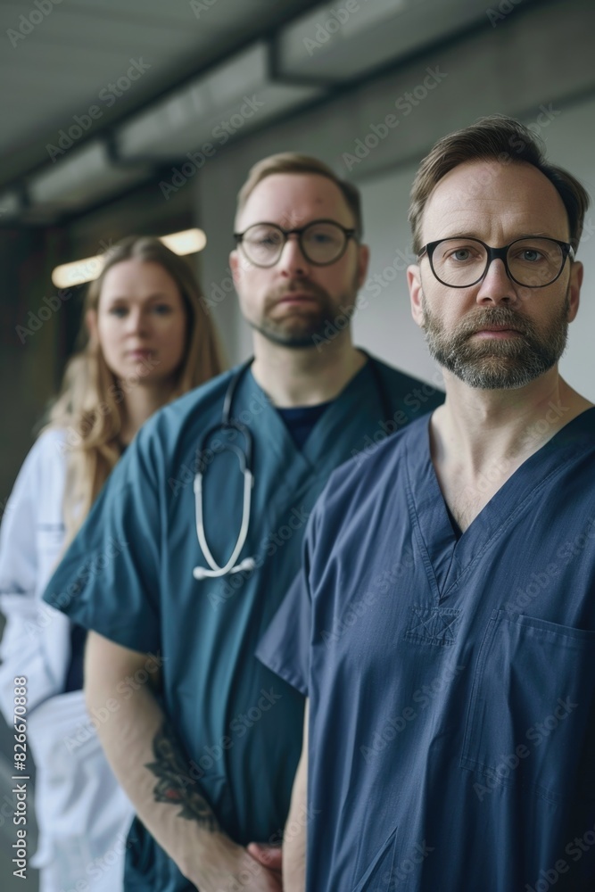 Three doctors stand in a line, one of them wearing a stethoscope. Concept of professionalism and unity among the medical staff Three doctors stand in a line, one of them wearing a stethoscope. Concept of professionalism and unity among the medical staff
