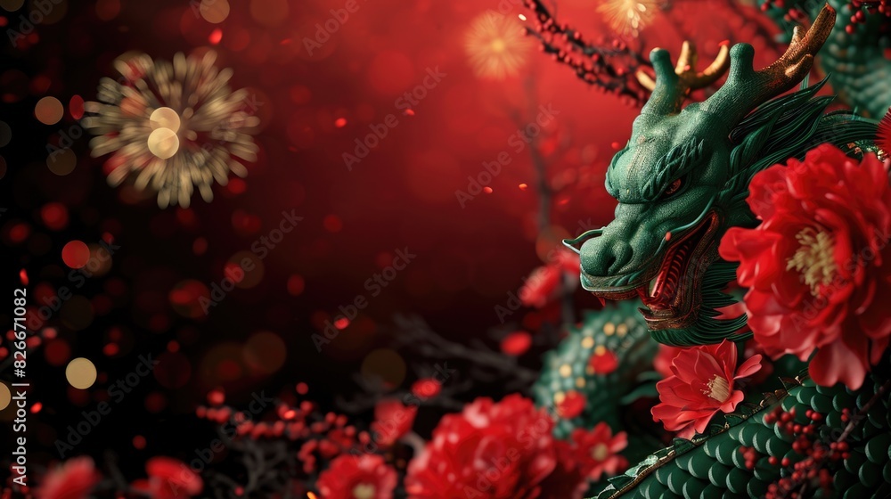 A green dragon is surrounded by red flowers and a red background. The dragon is the main focus of the image, and the flowers add a touch of color and contrast to the scene. Scene is one of fantasy A green dragon is surrounded by red flowers and a red background. The dragon is the main focus of the image, and the flowers add a touch of color and contrast to the scene. Scene is one of fantasy