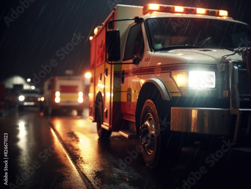A white ambulance with red and yellow stripes is driving down a wet road. The scene is dark and rainy  with the ambulance being the only vehicle on the road