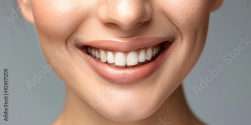 A woman with a big smile on her face. Her teeth are white and she has a pink lip