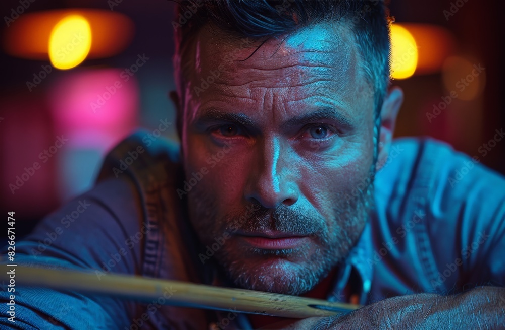 Close-up of a determined man aiming a pool shot under atmospheric neon light in a billiards bar setting Close-up of a determined man aiming a pool shot under atmospheric neon light in a billiards bar setting