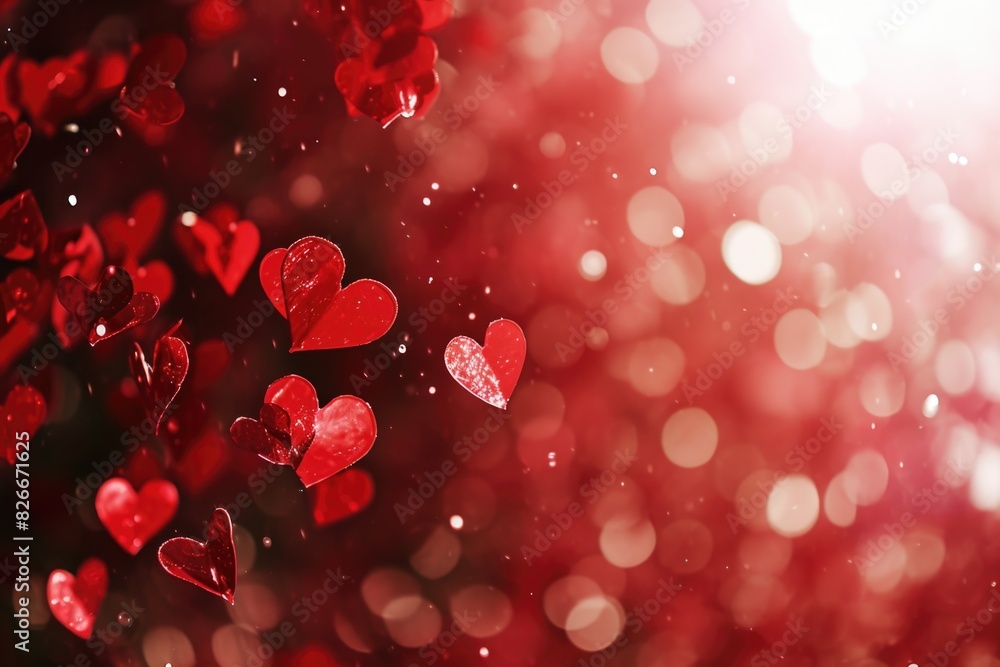 A red background with many red hearts scattered throughout. The hearts are small and delicate, and the overall mood of the image is one of love and romance