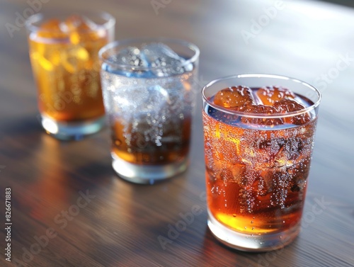 Three glasses of soda with ice cubes in them. The glasses are on a wooden table. Scene is light and refreshing