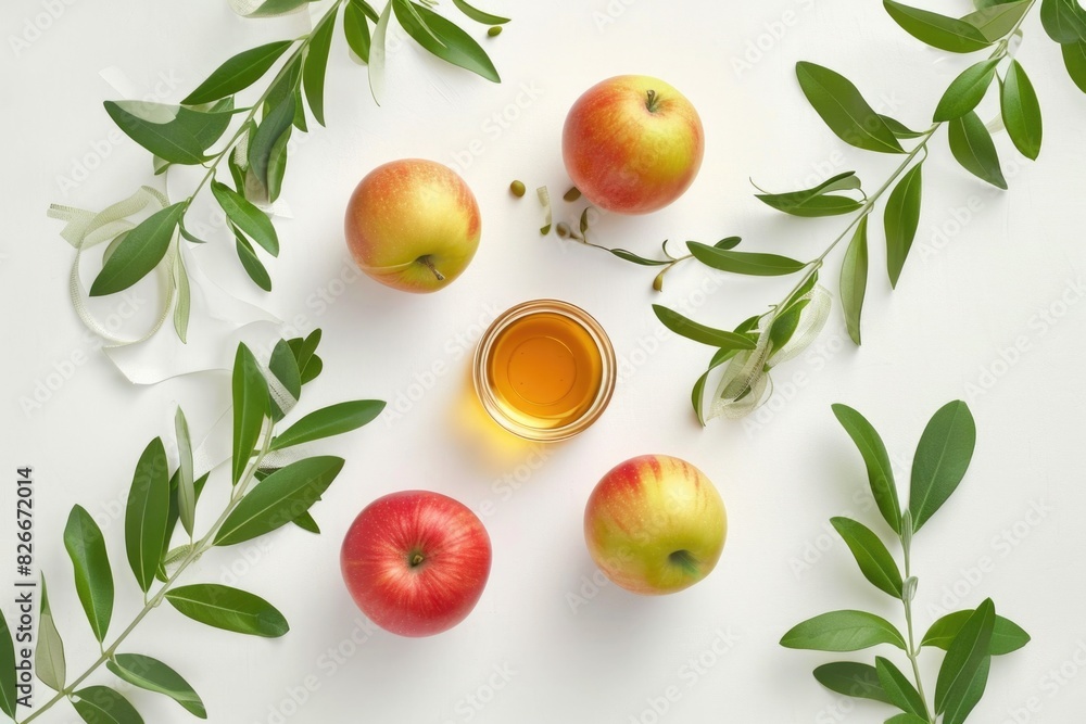 A close up of apples and honey on a white background. The apples are red and green, and the honey is in a glass bowl. Concept of warmth and sweetness, as the apples A close up of apples and honey on a white background. The apples are red and green, and the honey is in a glass bowl. Concept of warmth and sweetness, as the apples