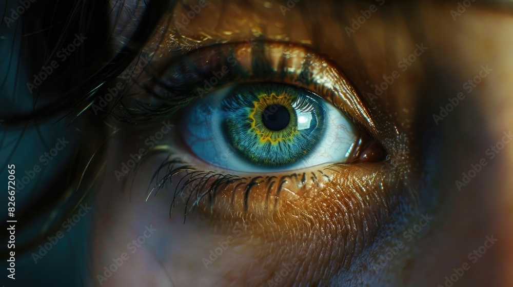 Fototapeta premium A close up of a person's eye with a yellow spot in the center. The eye is surrounded by a blurry background