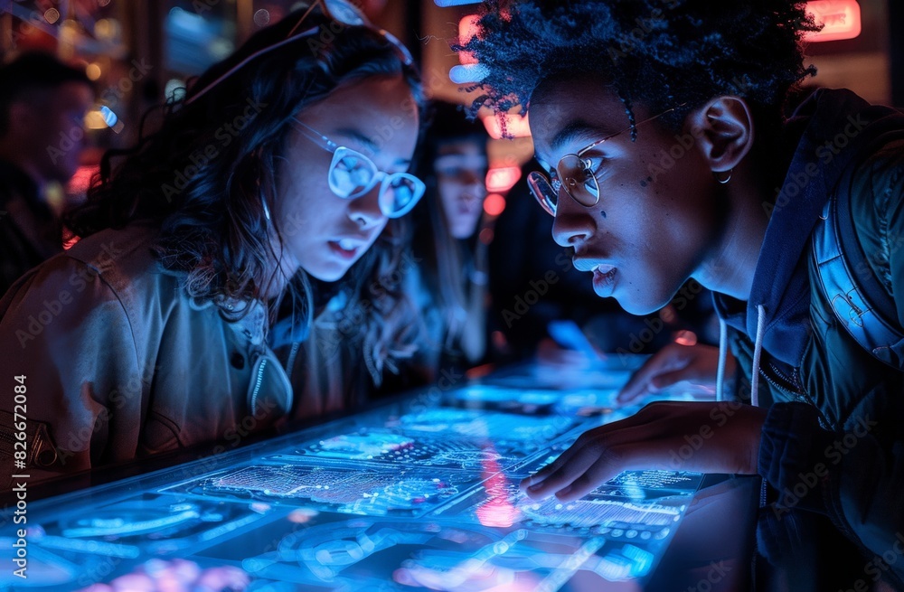 Obraz premium Two individuals interact with a large, illuminated touch table in a dimly lit, futuristic setting, surrounded by neon lights