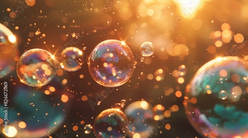 A series of soap bubbles of various sizes floating together in the sunlight, with one starting to burst, creating a dynamic scene.