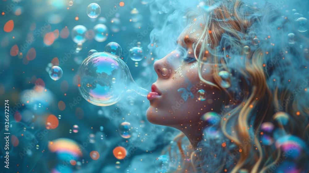 A woman gently blowing bubbles with a bubble wand, surrounded by a cloud of colorful, delicate bubbles. A woman gently blowing bubbles with a bubble wand, surrounded by a cloud of colorful, delicate bubbles.