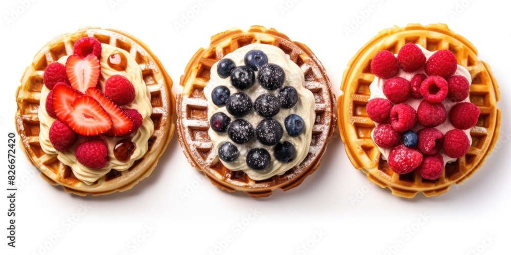 Three waffles with strawberries, blueberries, and raspberries on top. The waffles are topped with whipped cream and berries Three waffles with strawberries, blueberries, and raspberries on top. The waffles are topped with whipped cream and berries