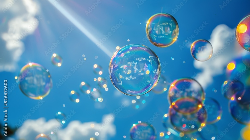 Clear bubbles floating in the air, catching the light and reflecting a rainbow of colors, against a bright blue sky, evoking a sense of freshness and purity. Clear bubbles floating in the air, catching the light and reflecting a rainbow of colors, against a bright blue sky, evoking a sense of freshness and purity.
