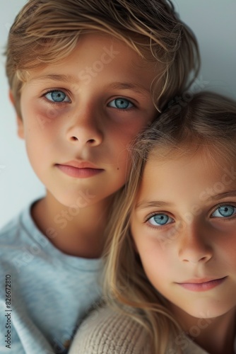 Two young children with blue eyes are standing close to each other. The boy is wearing a blue shirt and the girl is wearing a white shirt. They are both smiling and looking at the camera