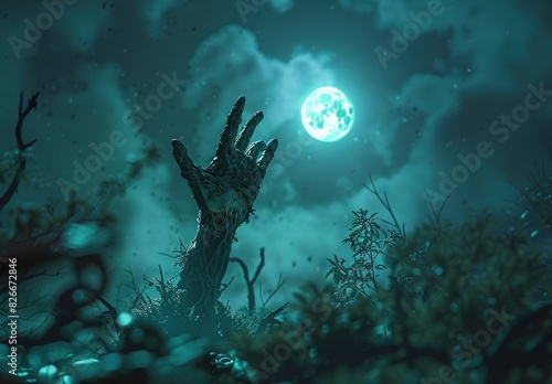 A Zombie Hand Rising from the Grave Under Moonlight with a Dark and Eerie Background Halloween Horror themed picture