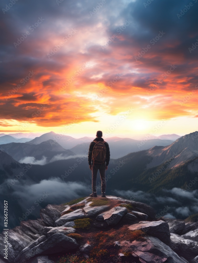 A man stands on a mountain top, looking out at the sunset. The sky is filled with clouds, and the sun is setting in the distance. The man is wearing a backpack
