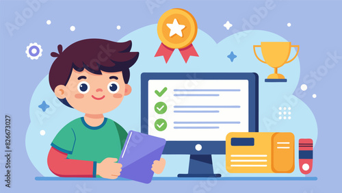 A video gaemed certificate design featuring a child as the main character completing various challenges and earning their Digital Citizenship. Vector illustration