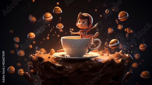 A photo of a 3D character on a coffee adventure