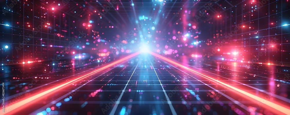 Naklejka premium Neon Wave Futuristic Space with Glowing Light, To evoke a sense of wonder and exploration in a futuristic digital world, ideal for technology, scifi,