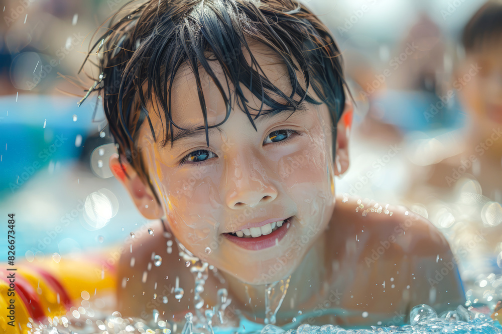 Close-up of a smiling boy having fun in the water with splashes around, perfect for summer and childhood joy concepts. Close-up of a smiling boy having fun in the water with splashes around, perfect for summer and childhood joy concepts.