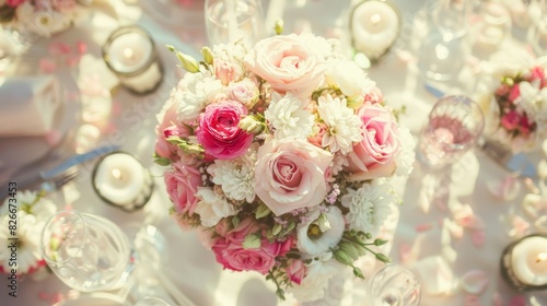 Photo of a luxurious wedding centerpiece featuring pink and white roses, peonies, and hydrangeas, with candles and glassware on a softly lit table.