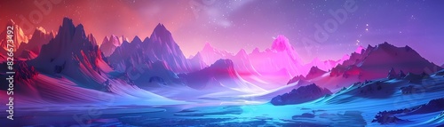 Retro Partys Luminous Pulse in a Neon-Illuminated Digital Mountain Landscape photo