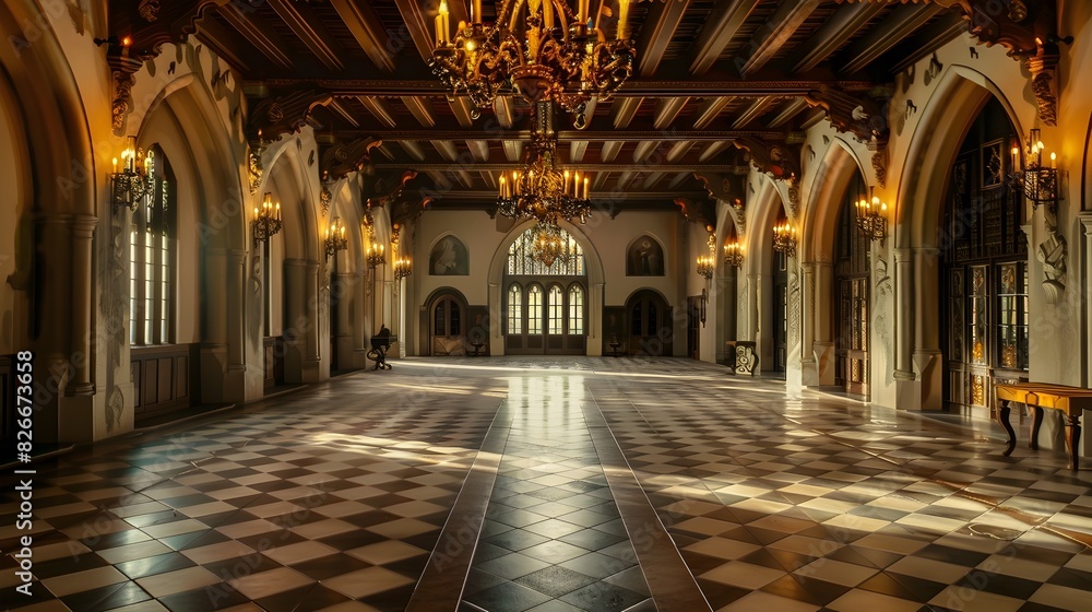 Twilight in a Luxurious Castle Interior: An Empty Hall Bathed in Soft Light