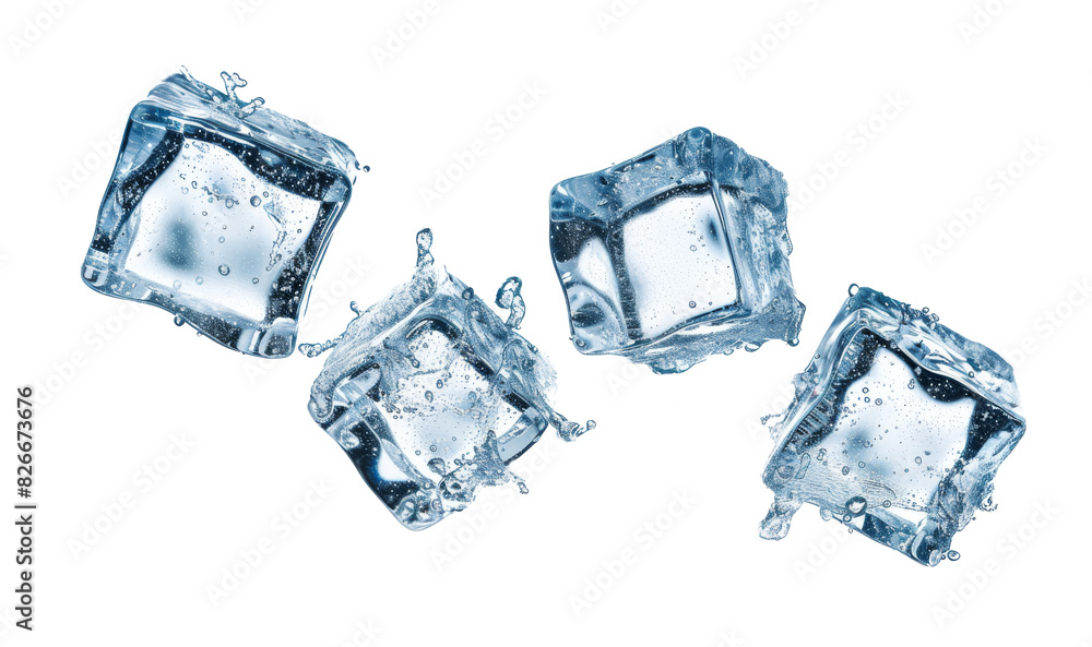 Four ice cubes float in the air isolated from white or transparent background Four ice cubes float in the air isolated from white or transparent background