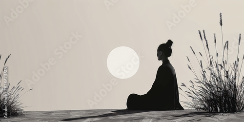 Person meditating outdoors with tall grasses and the sun in the background. Minimalist black and white digital art. Spiritual self-discovery and inner peace concept. Design for poster, banner, wallpap photo