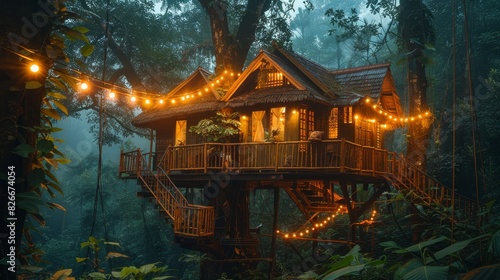 Photo of a cozy wooden treehouse in a lush forest, adorned with warm string lights at dusk, creating a magical atmosphere. photo