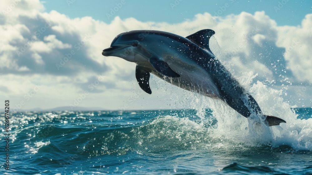 Fototapeta premium A dolphin is jumping out of the water. Concept of freedom and joy as the dolphin leaps into the air