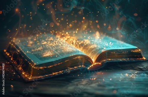 An Open Book with Pages Turning into Glowing Magical Symbols, Representing the Power of Knowledge and Inspiration in Life, with a Dark Background Highlighting Bright Colors Emanating from the Tex