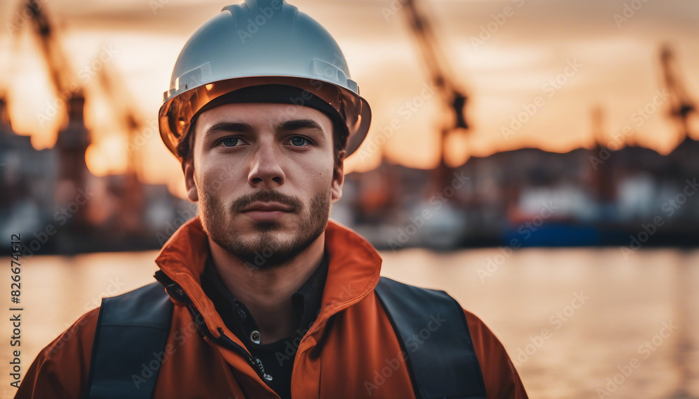 Portrait of a seaport worker, the harbor is blurred in the background
Portrait of a seaport worker, the harbor is blurred in the background