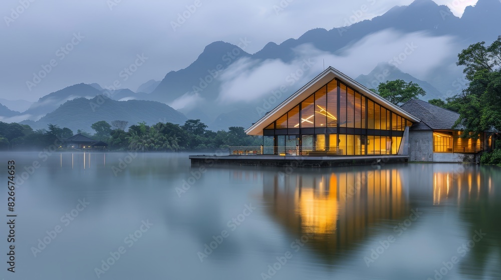 Photo of a futuristic building with large glass windows reflecting on a serene lake, set against majestic, misty mountains under a clear sky. Photo of a futuristic building with large glass windows reflecting on a serene lake, set against majestic, misty mountains under a clear sky.