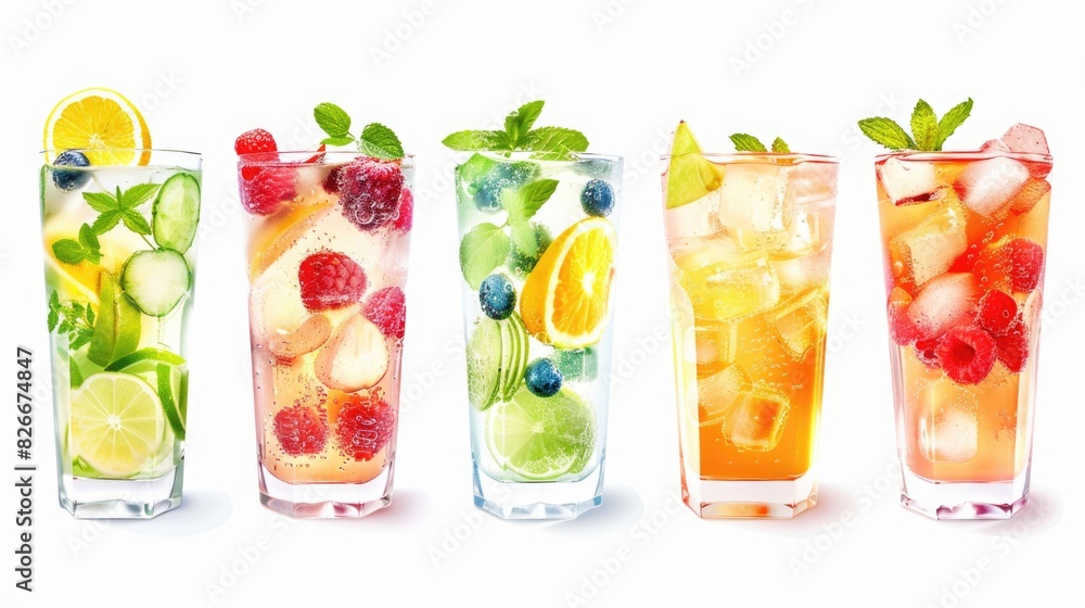 A row of five different colored drinks with fruit garnishes. The drinks are in tall glasses and are filled with ice A row of five different colored drinks with fruit garnishes. The drinks are in tall glasses and are filled with ice