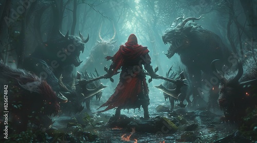 Valiant Warrior Confronting Mythical Creatures in Mysterious Enchanted Forest Landscape photo