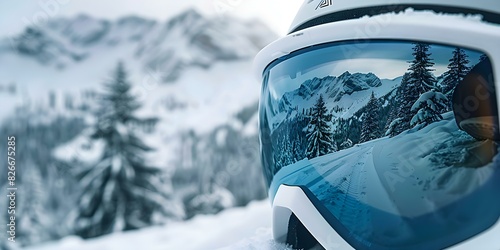Snowboard goggles reflect scenic mountains and forest against white backdrop closeup. Concept Winter Sports, Snowboarding Gear, Nature Backgrounds, Outdoor Photography, Mountain Adventure photo