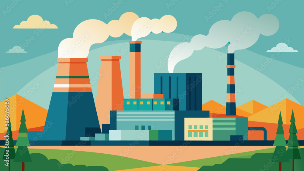 The steam coal power plant looms in the distance its presence a symbol of industrial progress.. Vector illustration
